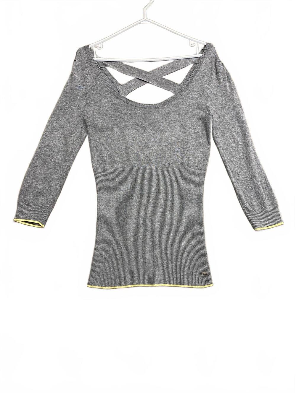 Vintage 90's Guess Women's Grey Ribbed Knit Top with Crisscross Back Detail Sz L
